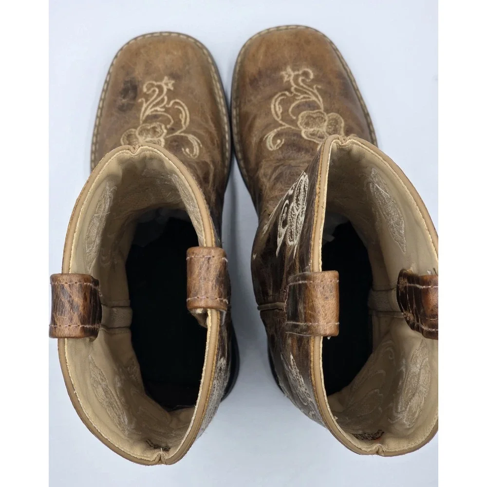 Shyanne Girls Brown Distressed Leather Floral Embroidered Cowboy Boots Size 3 D